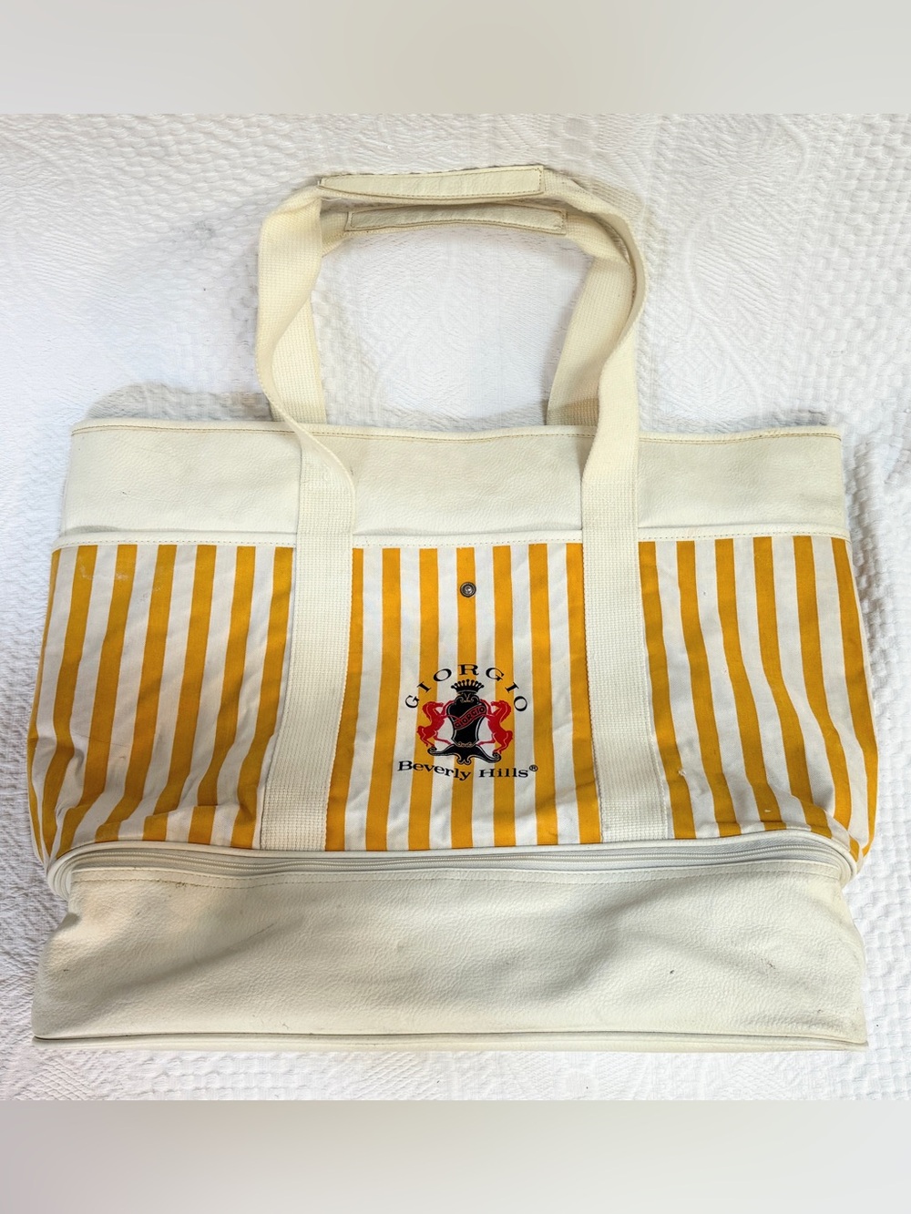 Vintage Giorgio Beverly Hills XL Canvas Yellow Striped Tote Bag 1980s